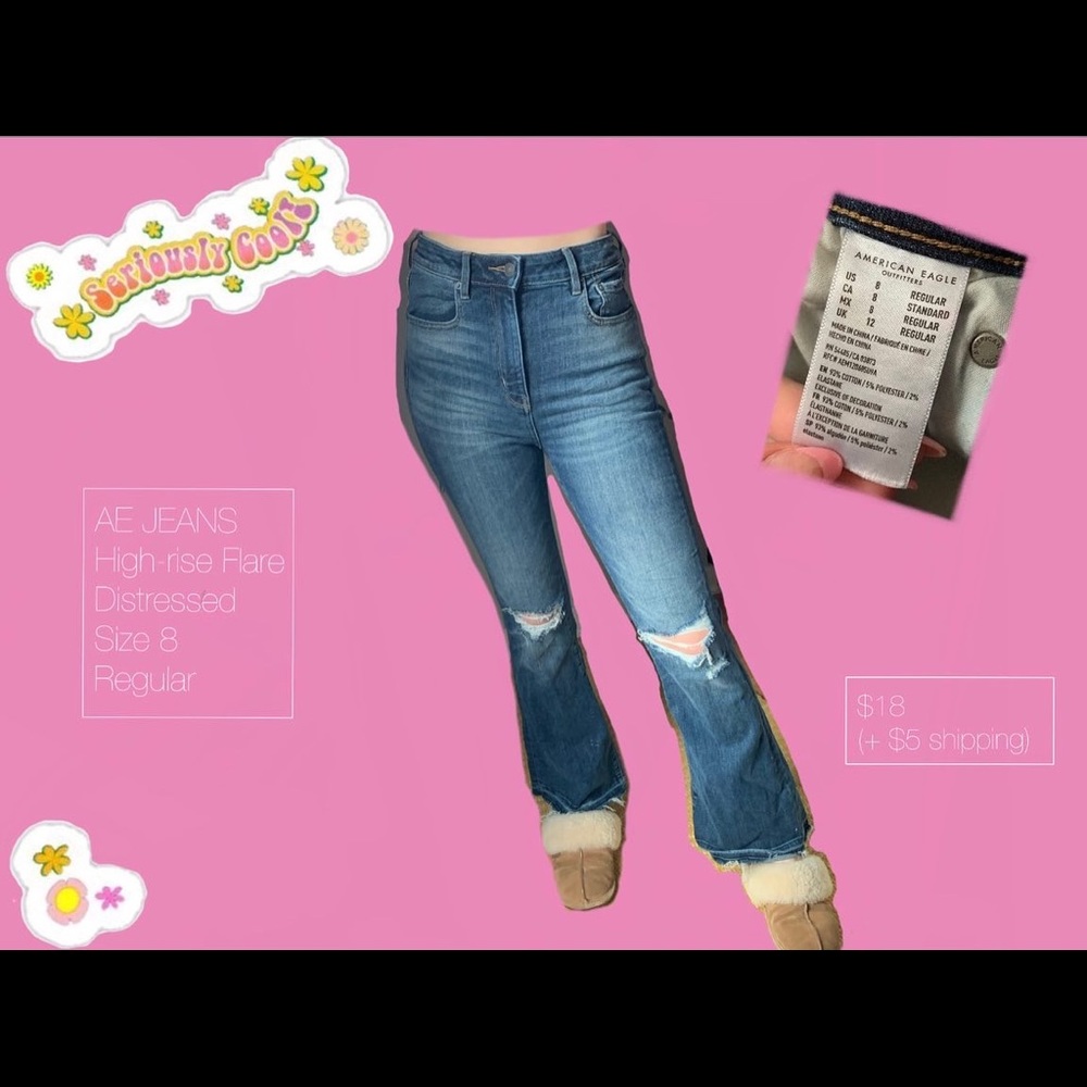 American Eagle Hi-rise, flare, distressed, blue jeans.